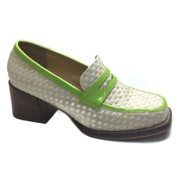 Urban Outfitters Shoes - Urban Outfitters Lexi Woven Checkerboard Faux Patent Square Toe Heeled Loafers